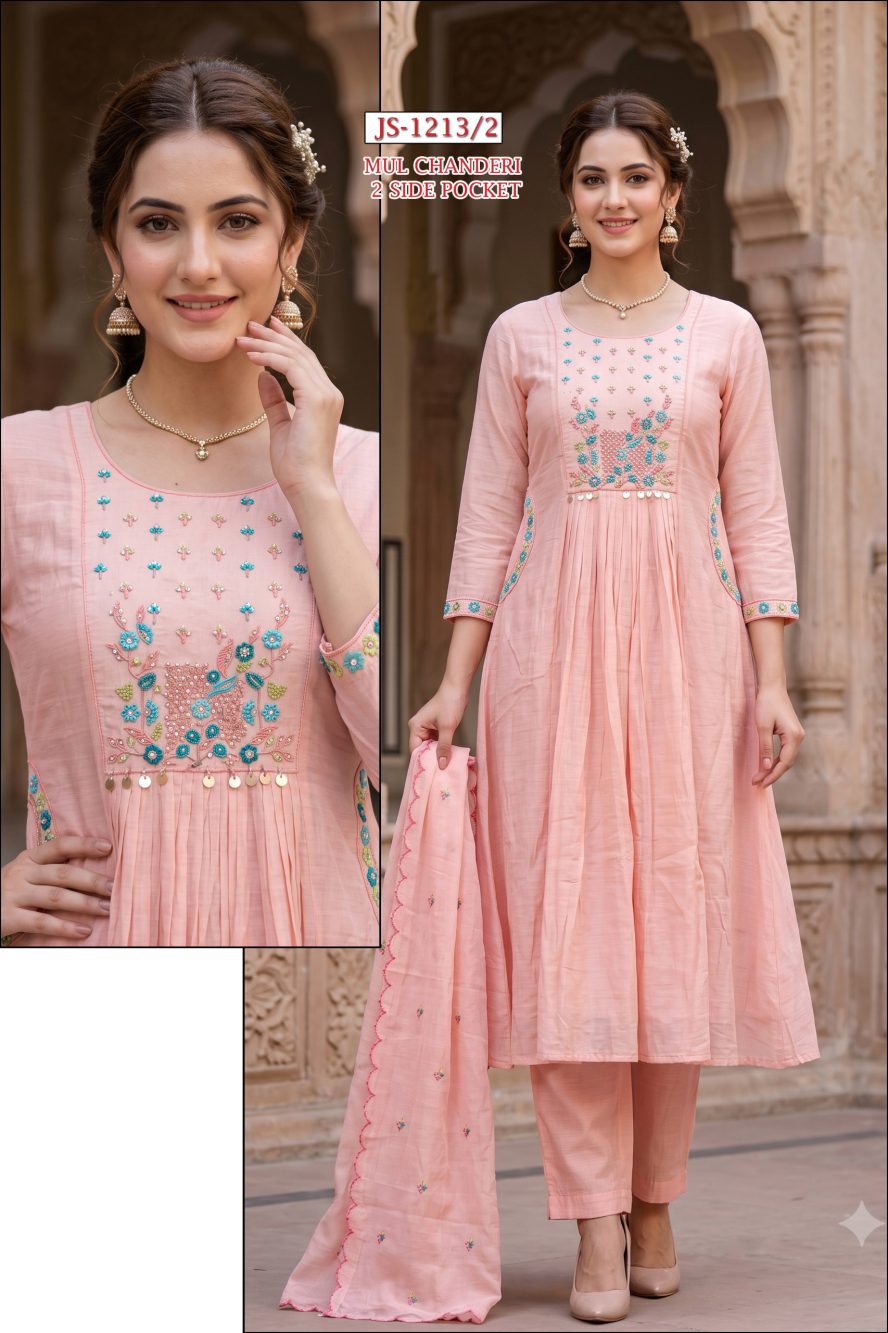 Pink Embroidered Mul Chanderi Kurta Set