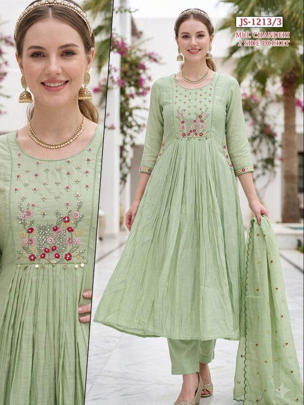 Pista Green Embroidered Mul Chanderi Kurta Set