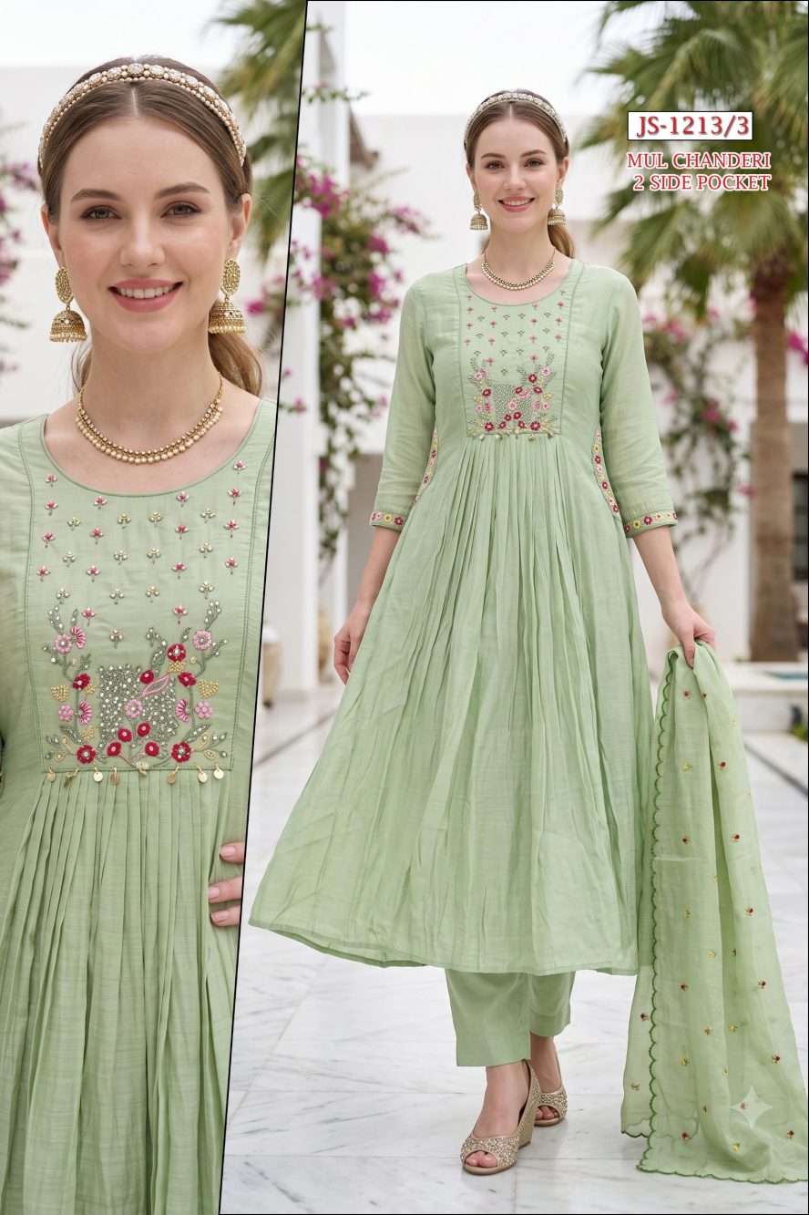 Pista Green Embroidered Mul Chanderi Kurta Set