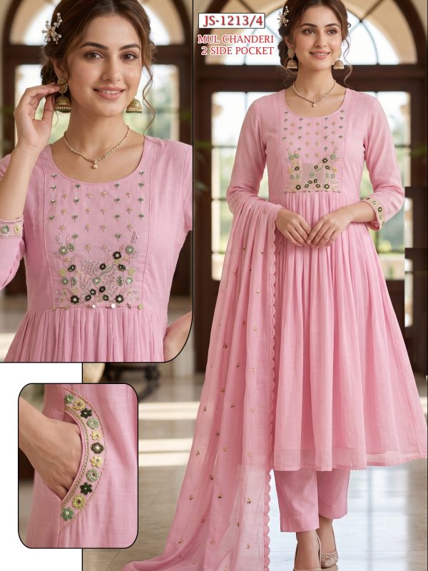 Light Pink Embroidered Mul Chanderi Kurta Set