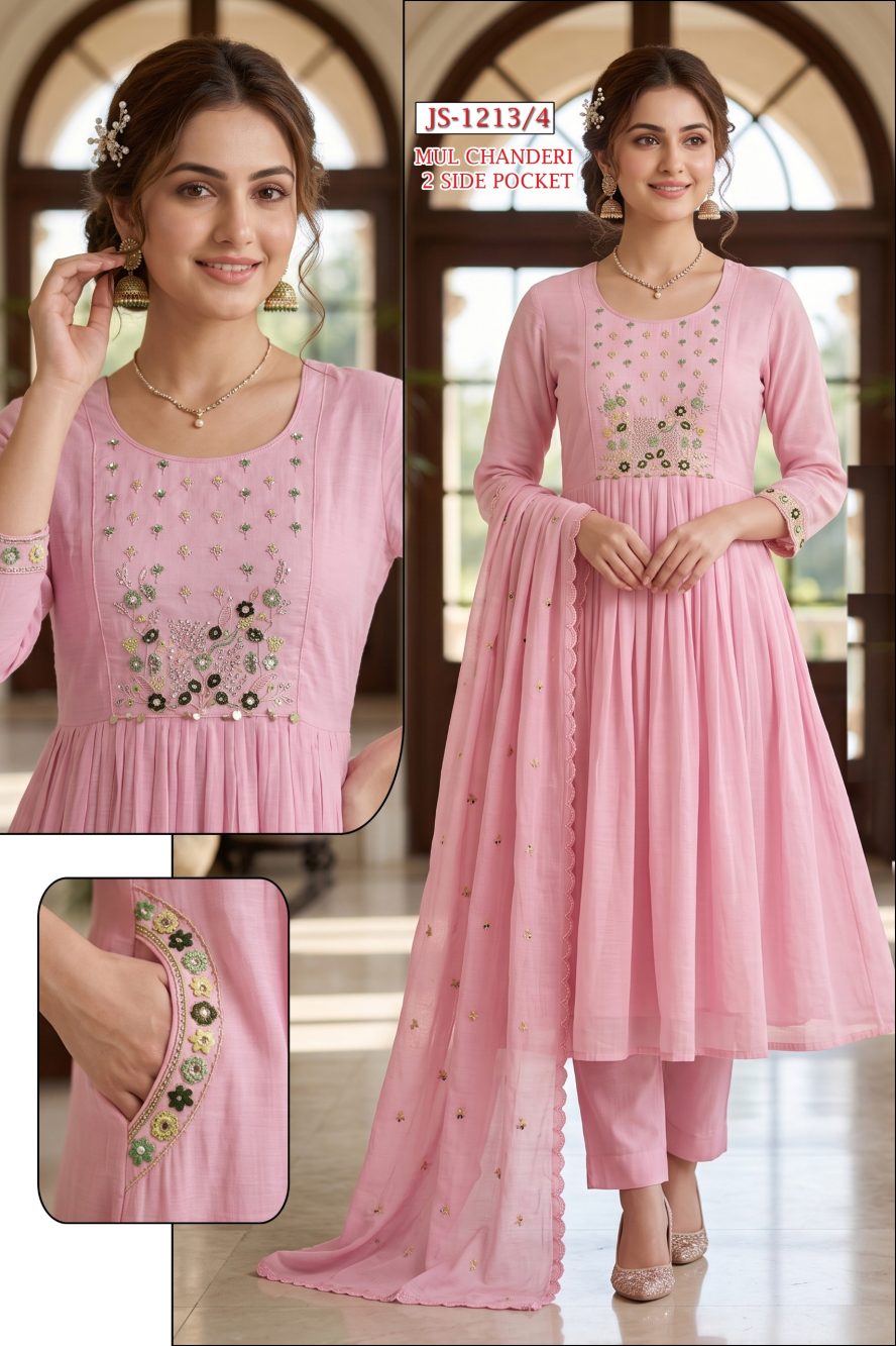 Light Pink Embroidered Mul Chanderi Kurta Set