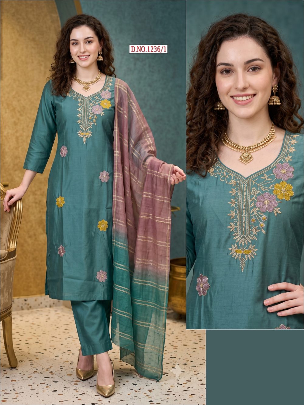 Teal Green Embroidered Glass Roman Kurta Set